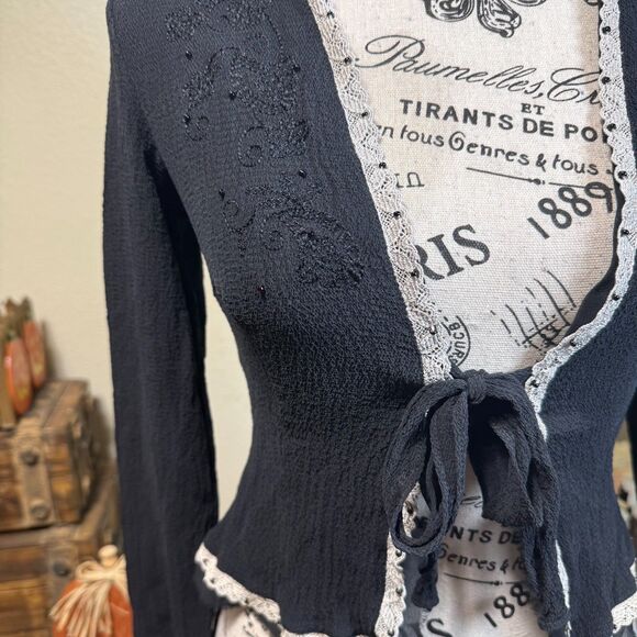 Y2K The Limited Silk Tie Front Embroidered Lace Blouse XS Fairy Romantic Whimsy - Picture 3 of 9